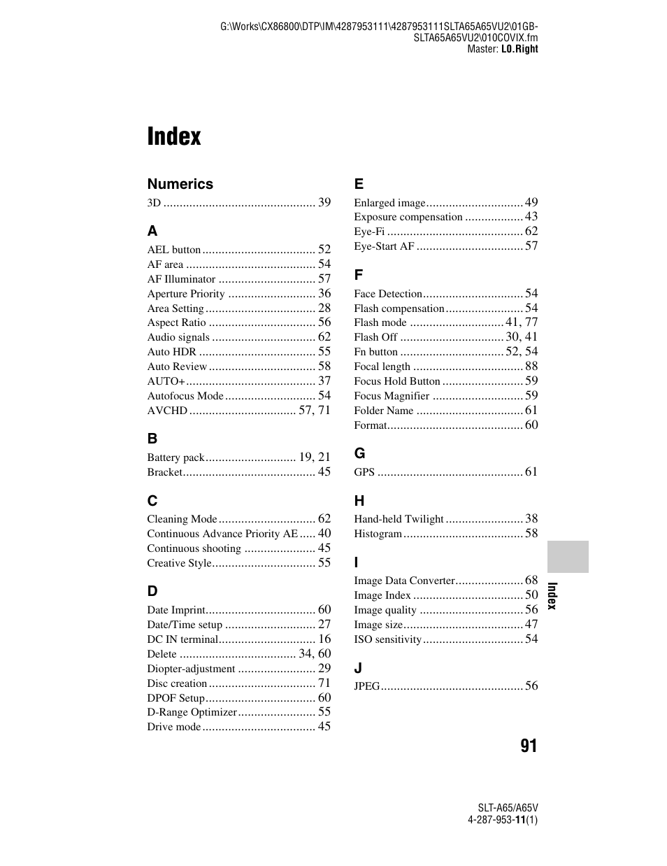 Index | Sony SLT-A65V User Manual | Page 91 / 96