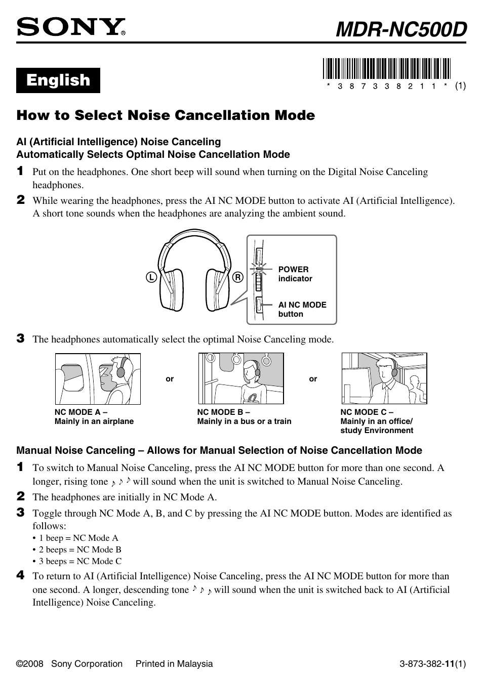 Sony MDR-NC500D User Manual | 2 pages