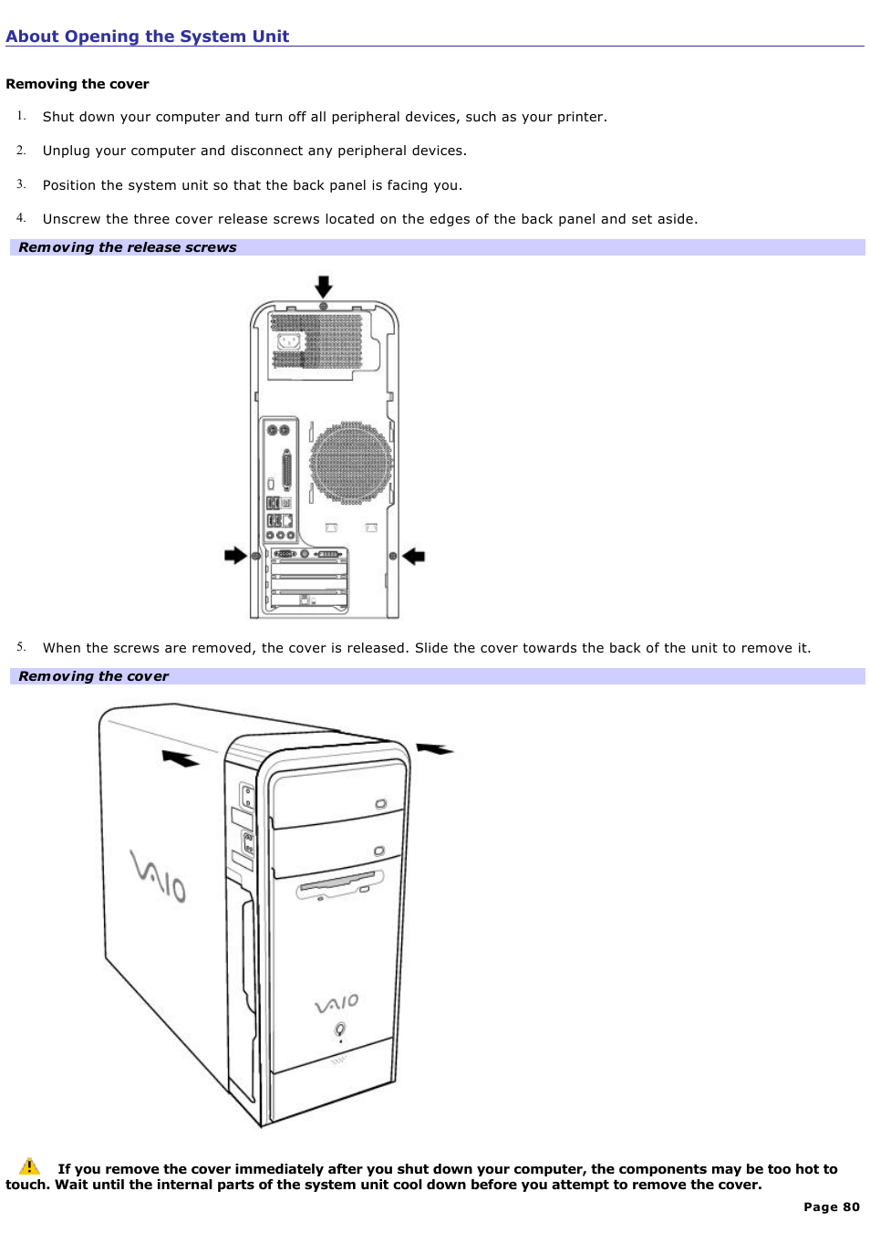 About opening the system unit | Sony PCV-RS511P User Manual | Page 80 / 143