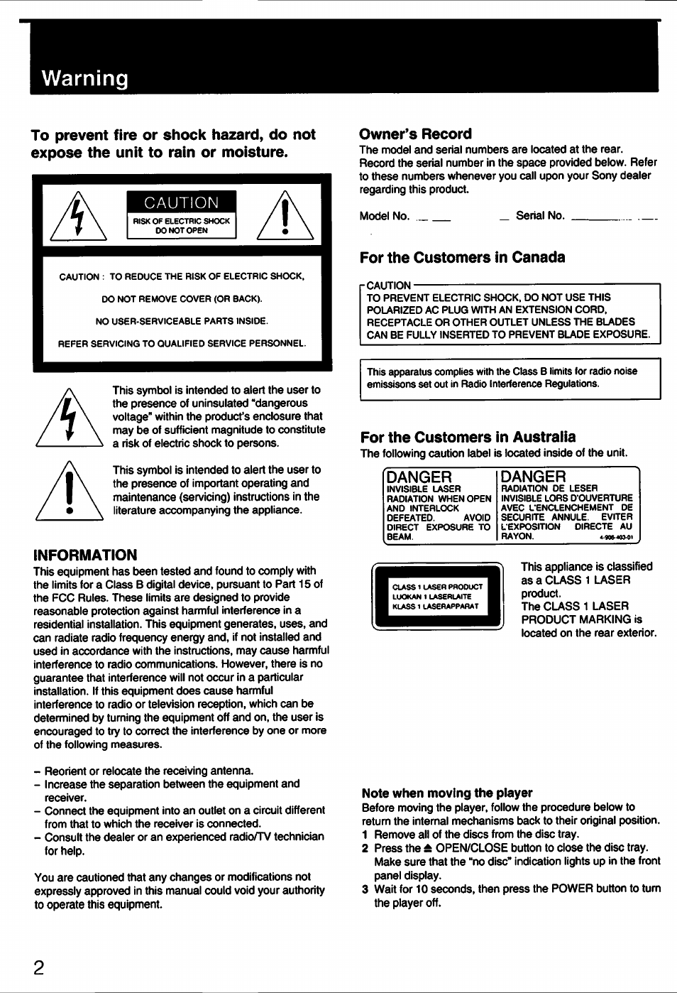 Warning, Information, Owner’s record | For the customers in canada, For the customers in australia, Danger | Sony CDP-C445 User Manual | Page 2 / 26