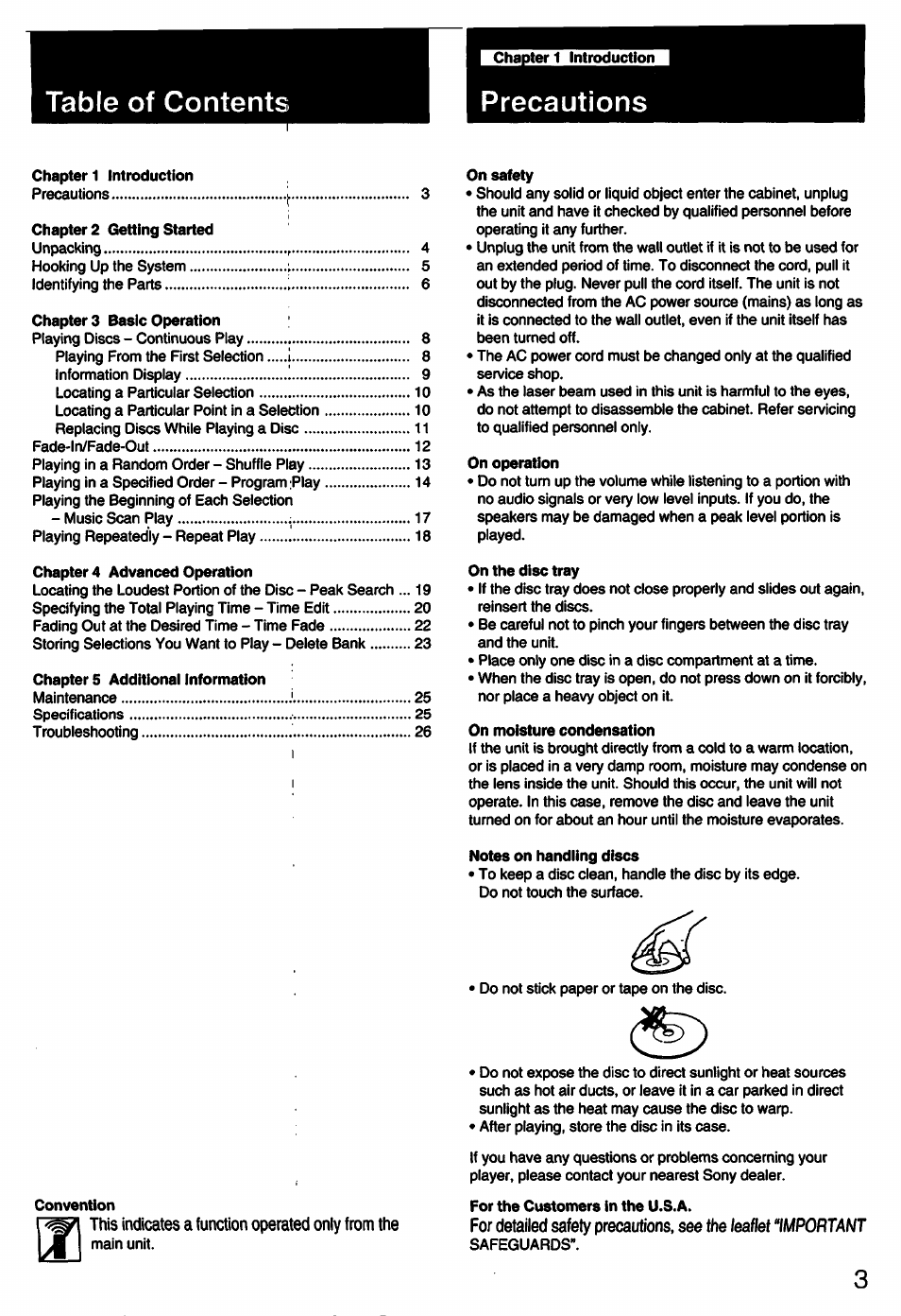 Table of contents precautions, Leaflet "important | Sony CDP-C445 User Manual | Page 3 / 26
