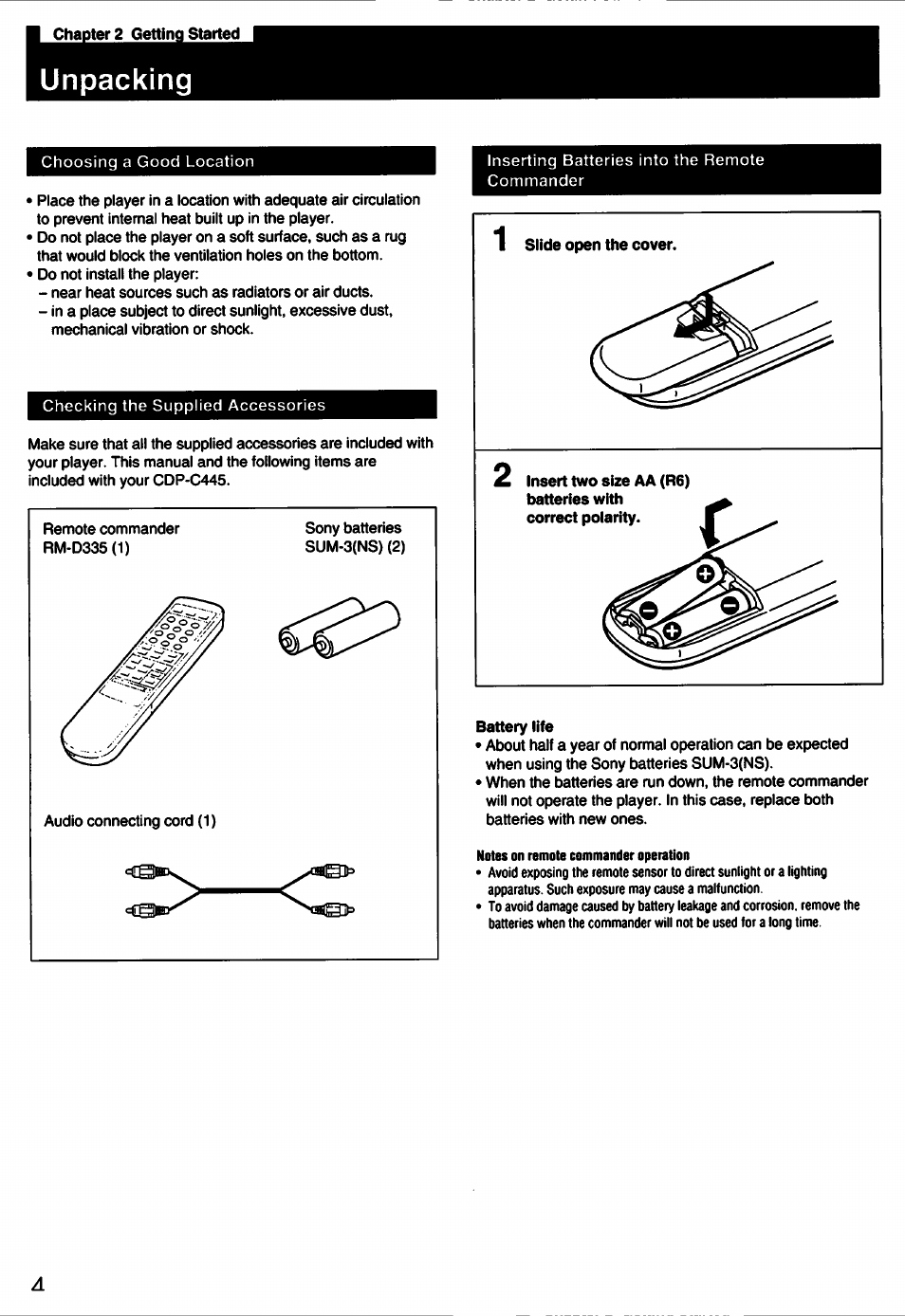 Unpacking | Sony CDP-C445 User Manual | Page 4 / 26