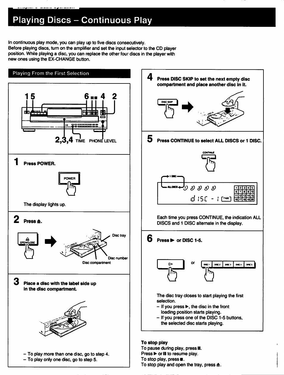 Playing discs - continuous play | Sony CDP-C445 User Manual | Page 8 / 26