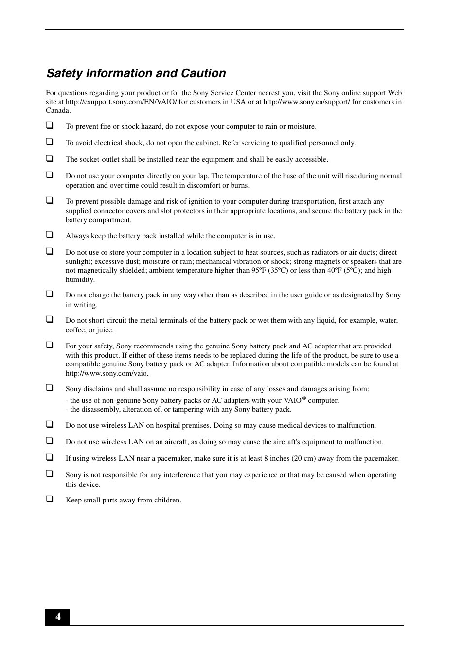 Safety information and caution | Sony VGN-P698E User Manual | Page 4 / 24