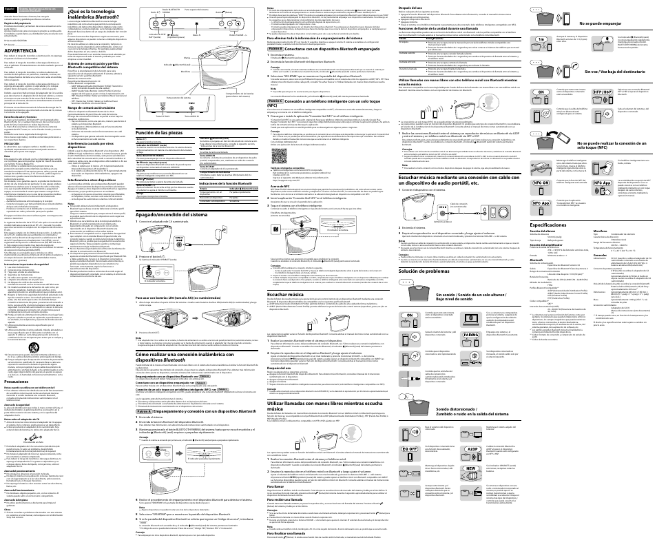 Función de las piezas, Apagado/encendido del sistema, Advertencia | Escuchar música, Solución de problemas, Qué es la tecnología inalámbrica bluetooth, Especificaciones | Sony SRS-BTM8 User Manual | Page 2 / 2