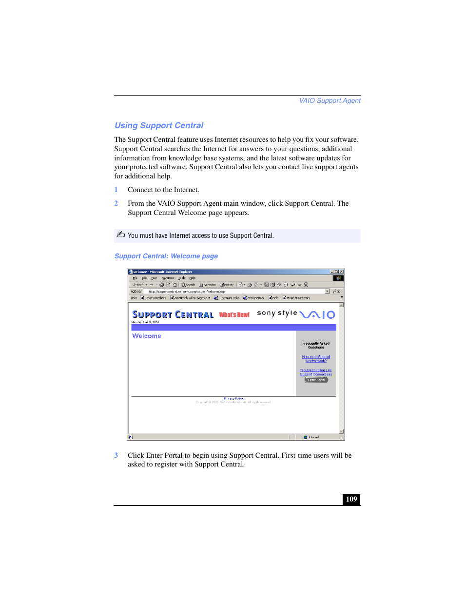 Using support central | Sony PCG-FX250 User Manual | Page 109 / 138