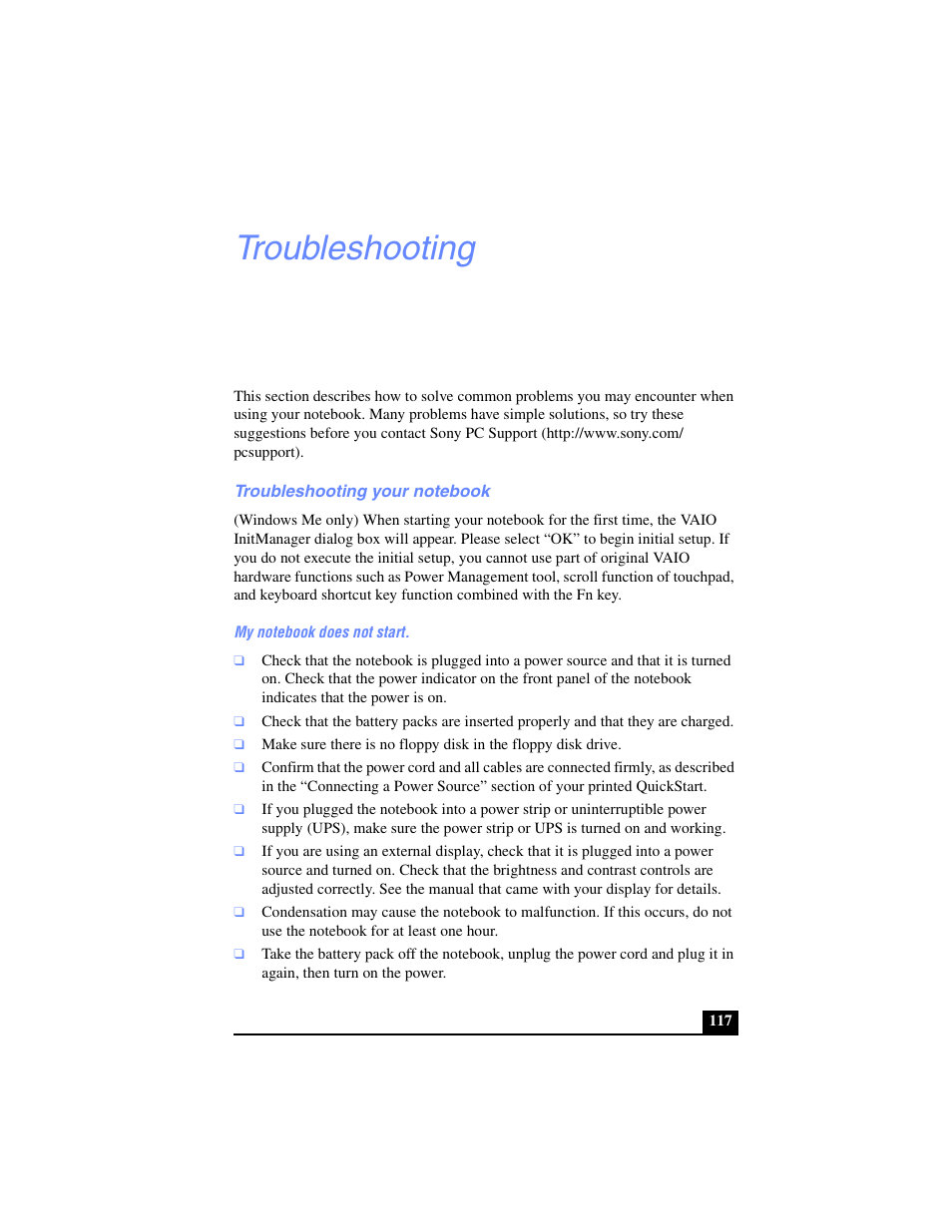 Troubleshooting, Troubleshooting your notebook | Sony PCG-FX250 User Manual | Page 117 / 138