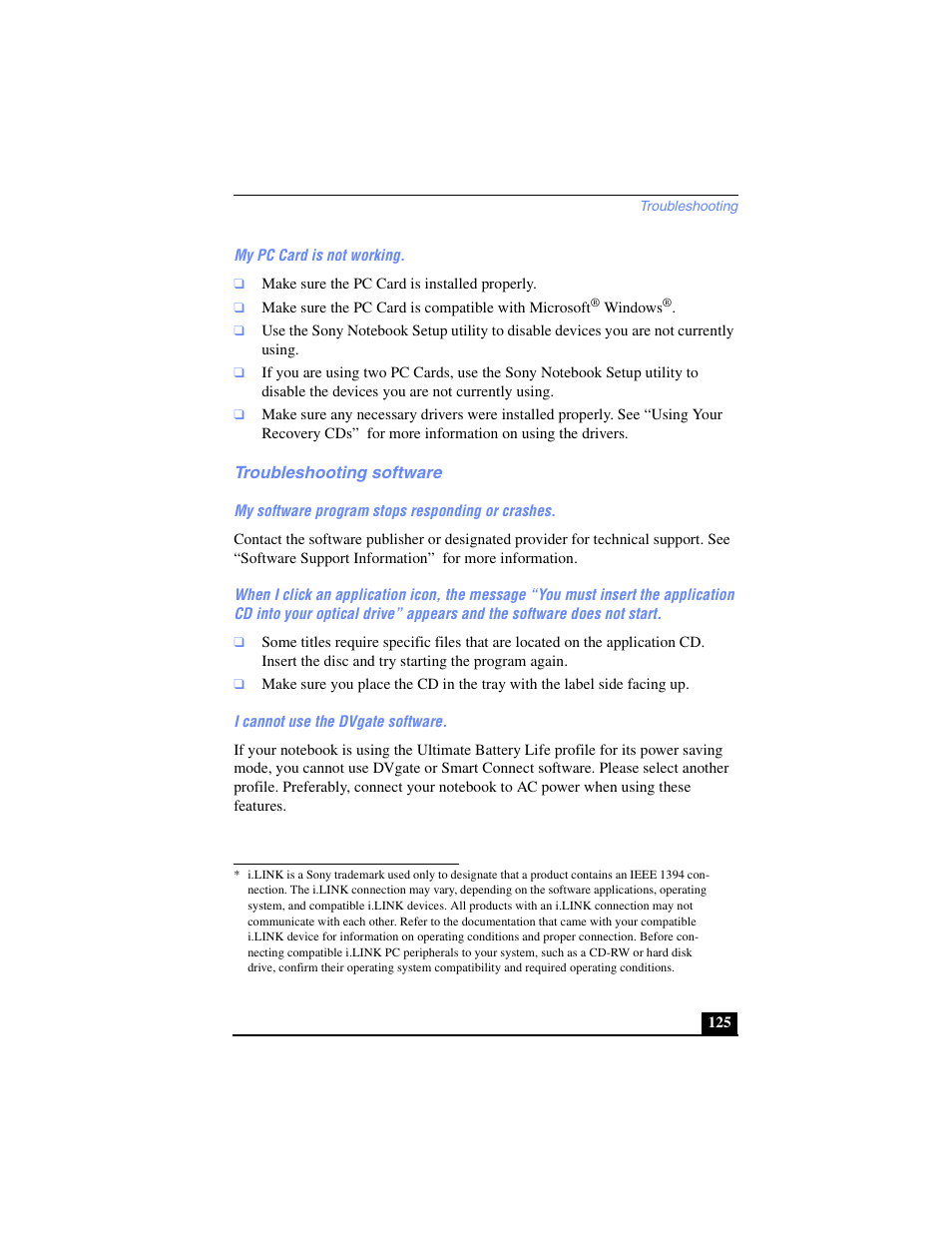 Troubleshooting software | Sony PCG-FX250 User Manual | Page 125 / 138