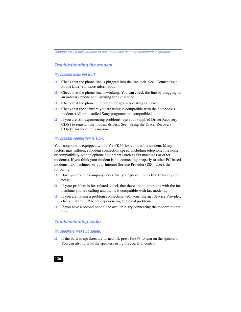 Troubleshooting the modem, Troubleshooting audio, Troubleshooting the modem troubleshooting audio | Sony PCG-FX250 User Manual | Page 126 / 138