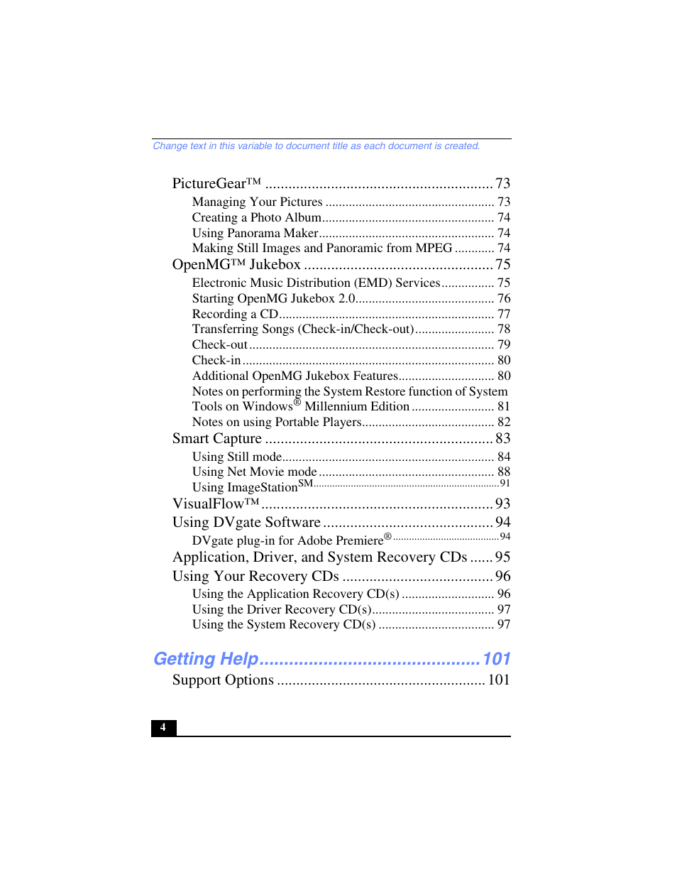 Getting help | Sony PCG-FX250 User Manual | Page 4 / 138