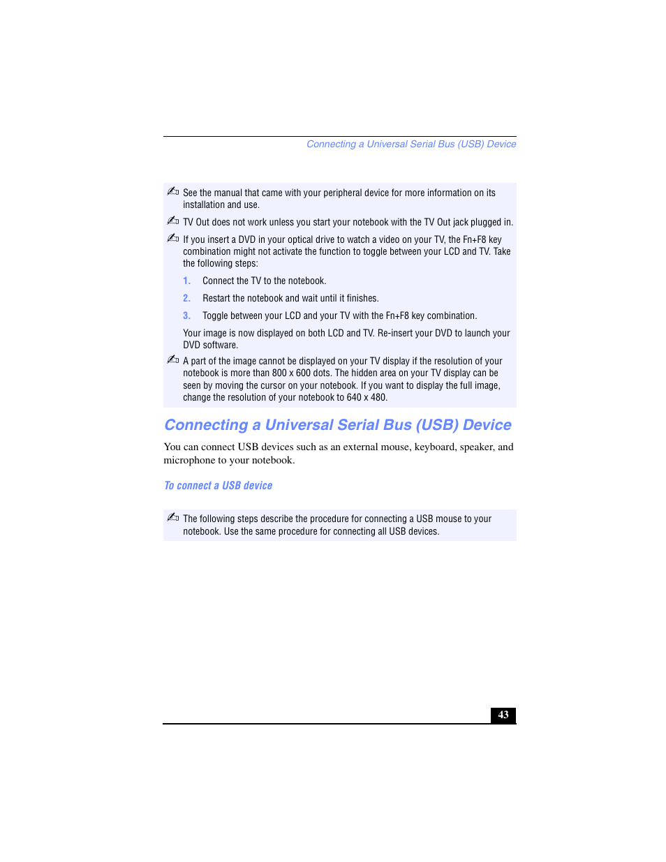 Connecting a universal serial bus (usb) device | Sony PCG-FX250 User Manual | Page 43 / 138