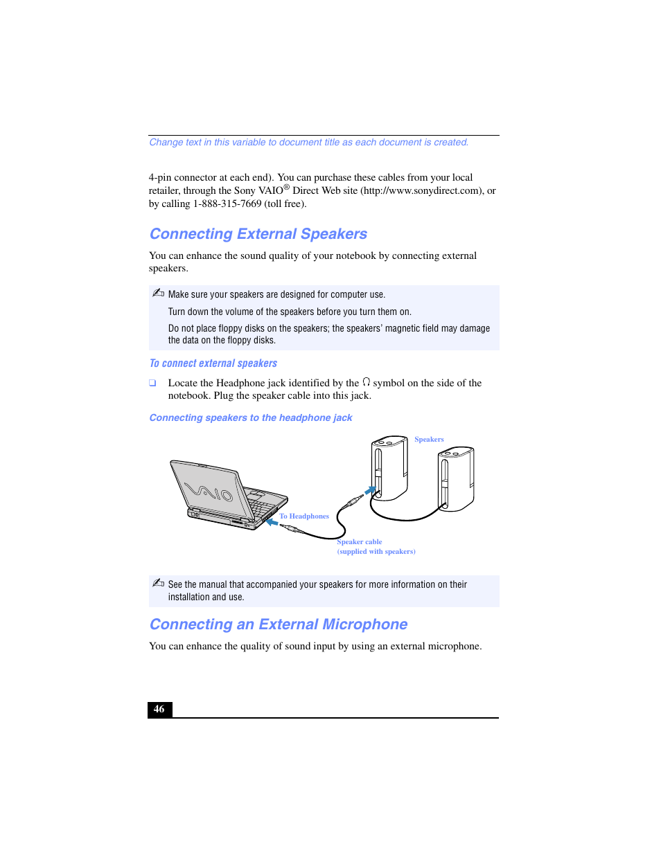 Connecting external speakers, Connecting an external microphone | Sony PCG-FX250 User Manual | Page 46 / 138