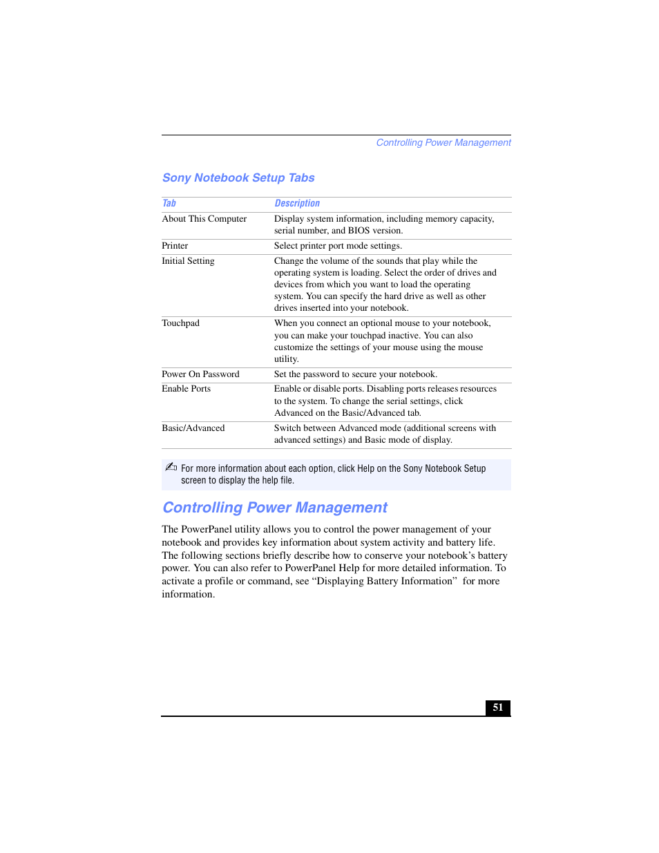 Sony notebook setup tabs, Controlling power management | Sony PCG-FX250 User Manual | Page 51 / 138