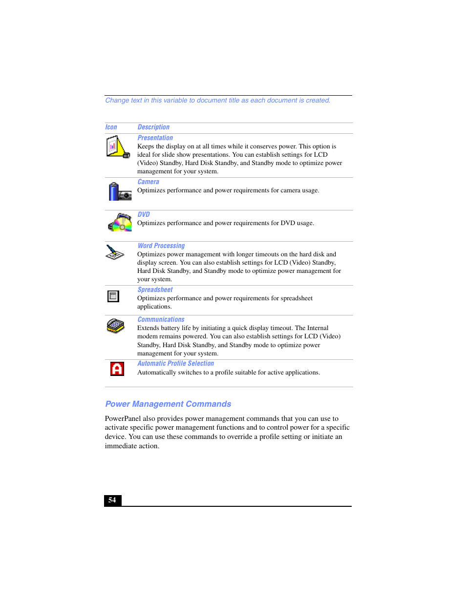 Power management commands | Sony PCG-FX250 User Manual | Page 54 / 138