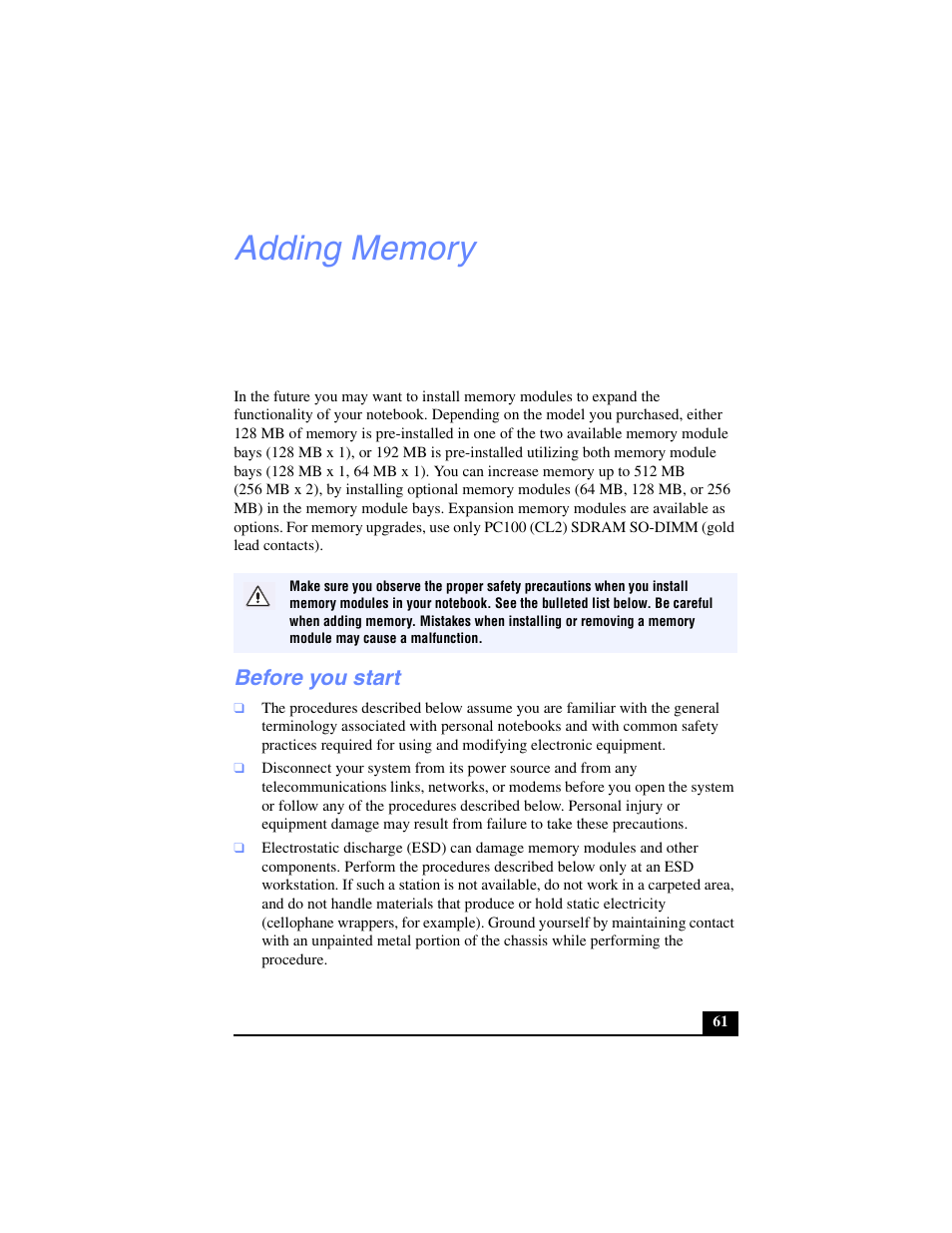 Adding memory, Before you start | Sony PCG-FX250 User Manual | Page 61 / 138