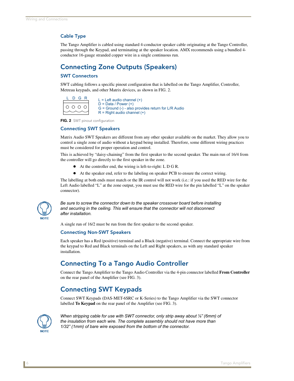 Cable type, Connecting zone outputs (speakers), Swt connectors | Connecting swt speakers, Connecting non-swt speakers, Connecting to a tango audio controller, Connecting swt keypads | AMX Tango Amplifiers DAS-TAMP8-SIG User Manual | Page 10 / 14