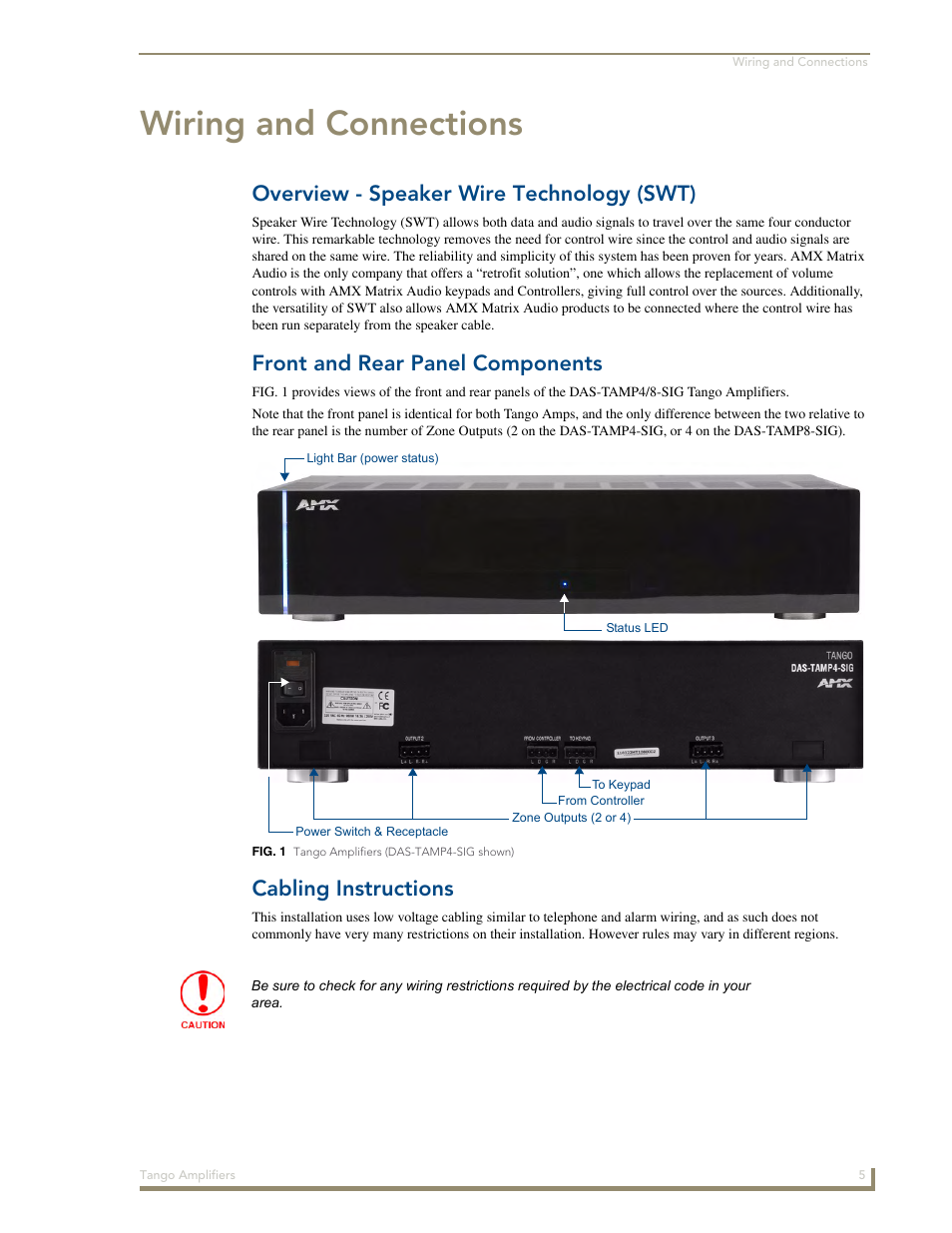 Wiring and connections, Overview - speaker wire technology (swt), Front and rear panel components | Cabling instructions | AMX Tango Amplifiers DAS-TAMP8-SIG User Manual | Page 9 / 14