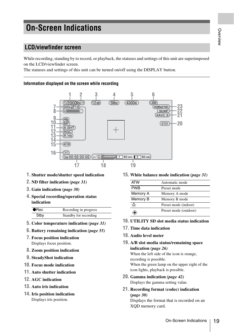 On-screen indications, Lcd/viewfinder screen | Sony FDR-AX1 User Manual | Page 19 / 68