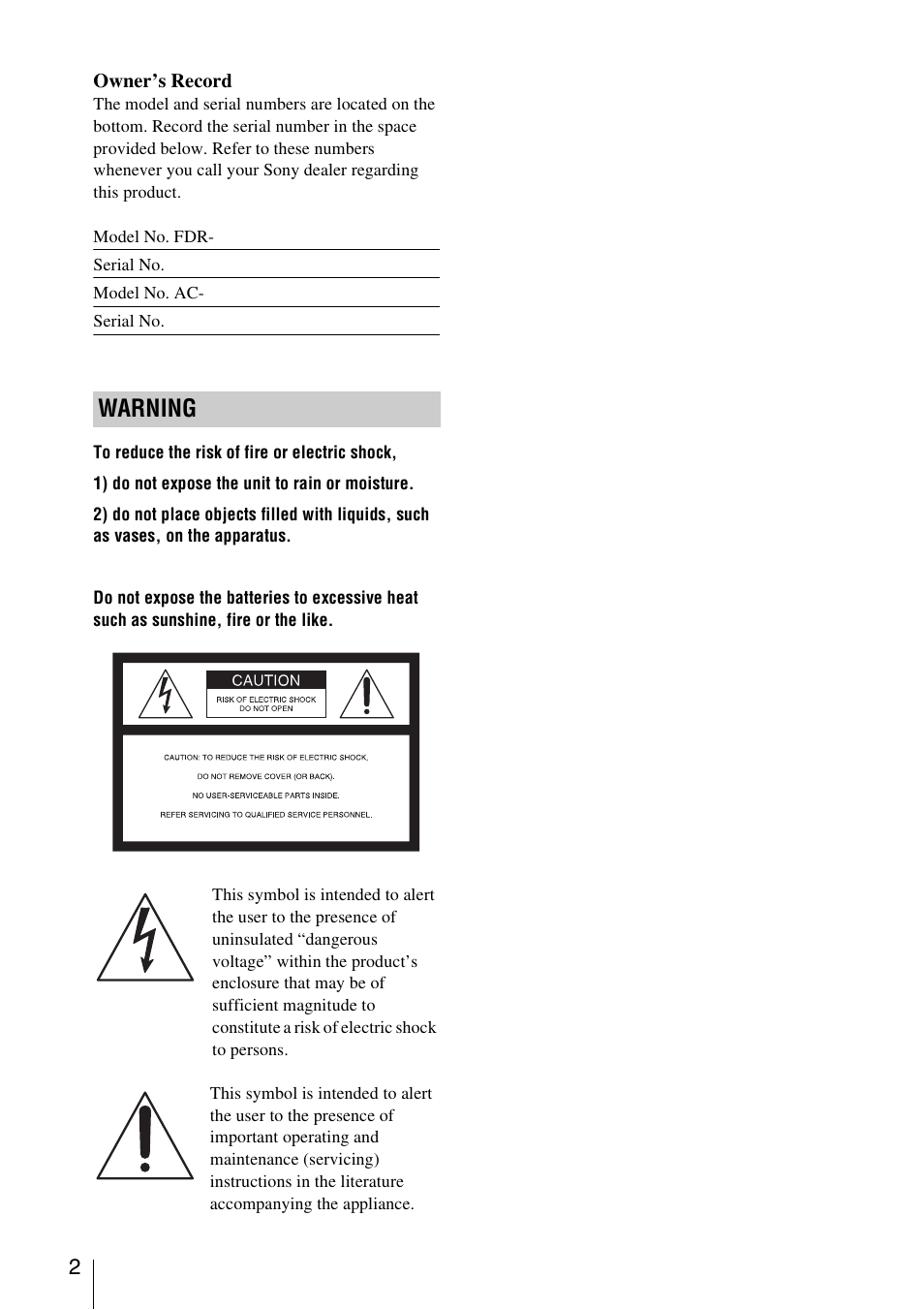 Warning | Sony FDR-AX1 User Manual | Page 2 / 68