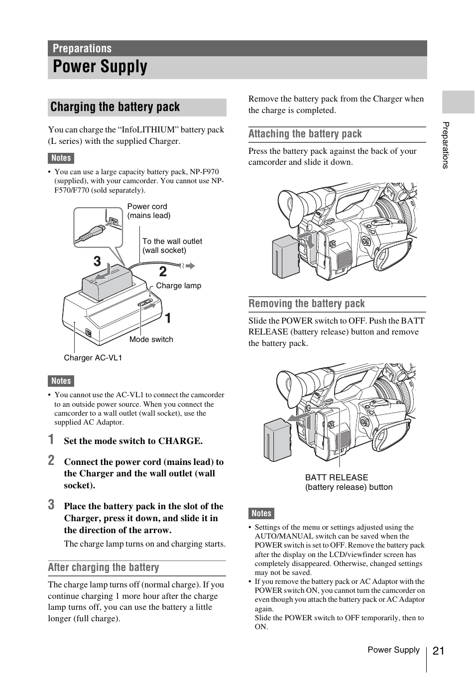 Preparations, Power supply, Charging the battery pack | N (21) | Sony FDR-AX1 User Manual | Page 21 / 68