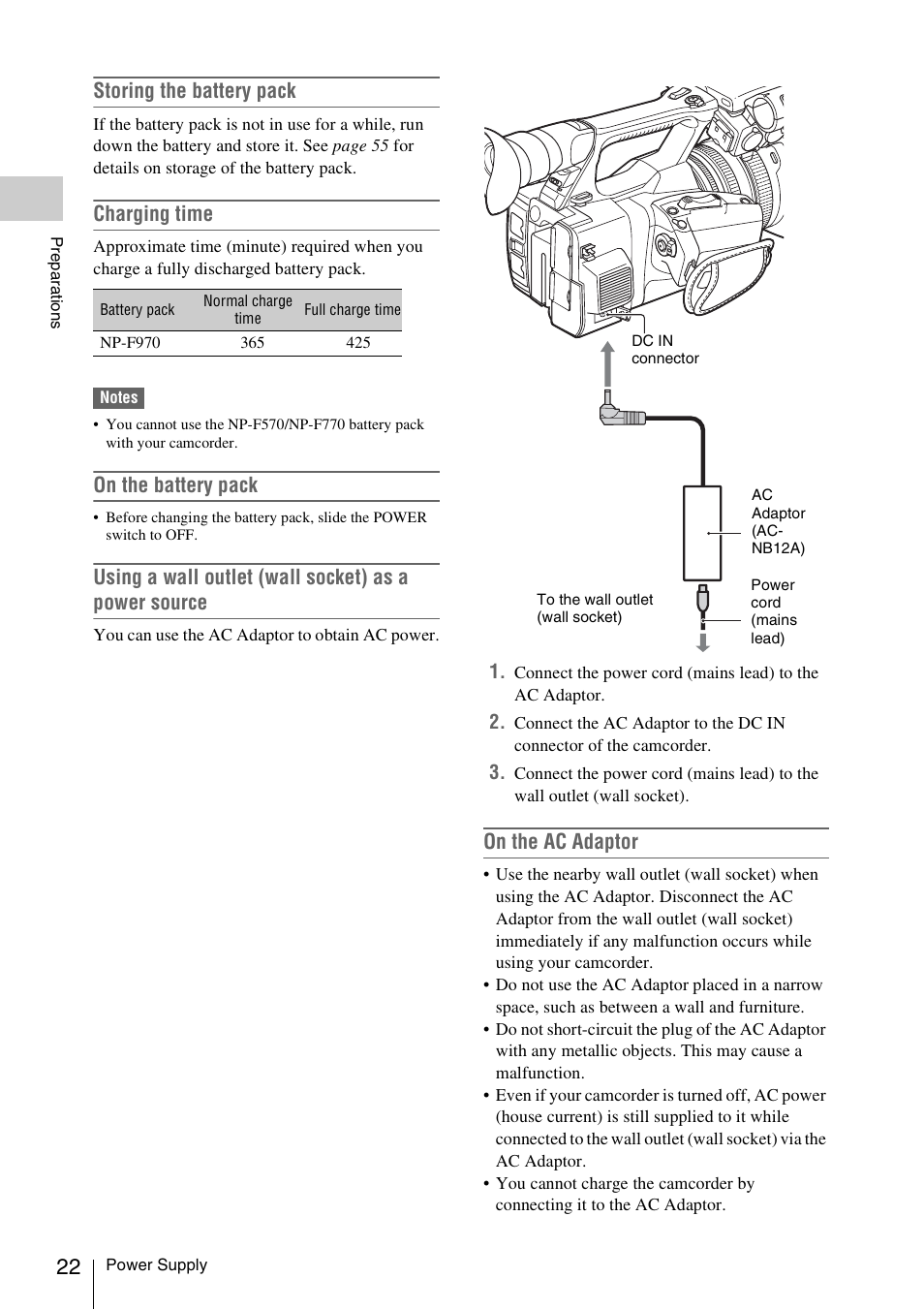 Storing the battery pack, Charging time, On the battery pack | On the ac adaptor | Sony FDR-AX1 User Manual | Page 22 / 68