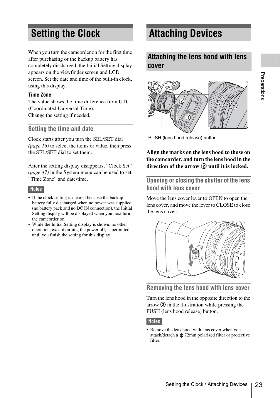 Setting the clock, Attaching devices, Attaching the lens hood with lens cover | Setting the clock attaching devices | Sony FDR-AX1 User Manual | Page 23 / 68