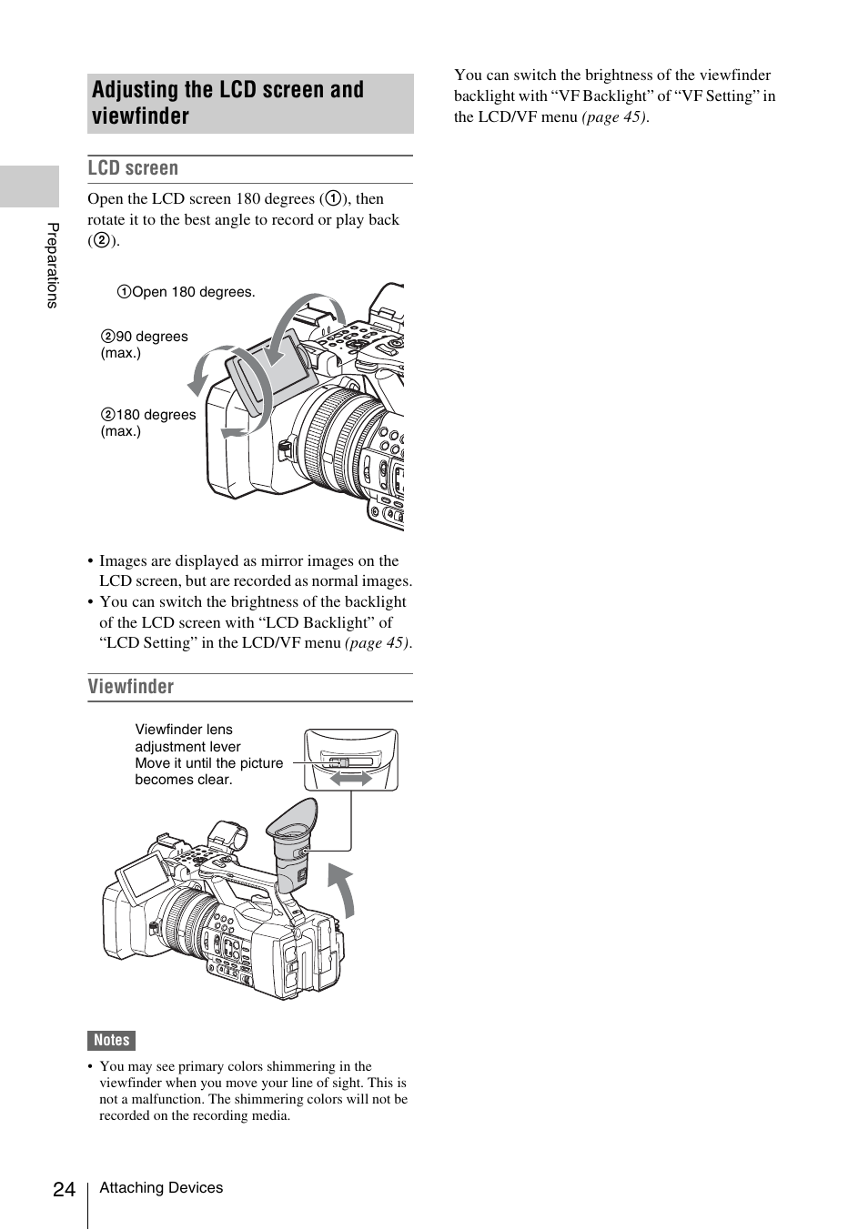 Adjusting the lcd screen and viewfinder, R (24, Lcd screen | Viewfinder | Sony FDR-AX1 User Manual | Page 24 / 68