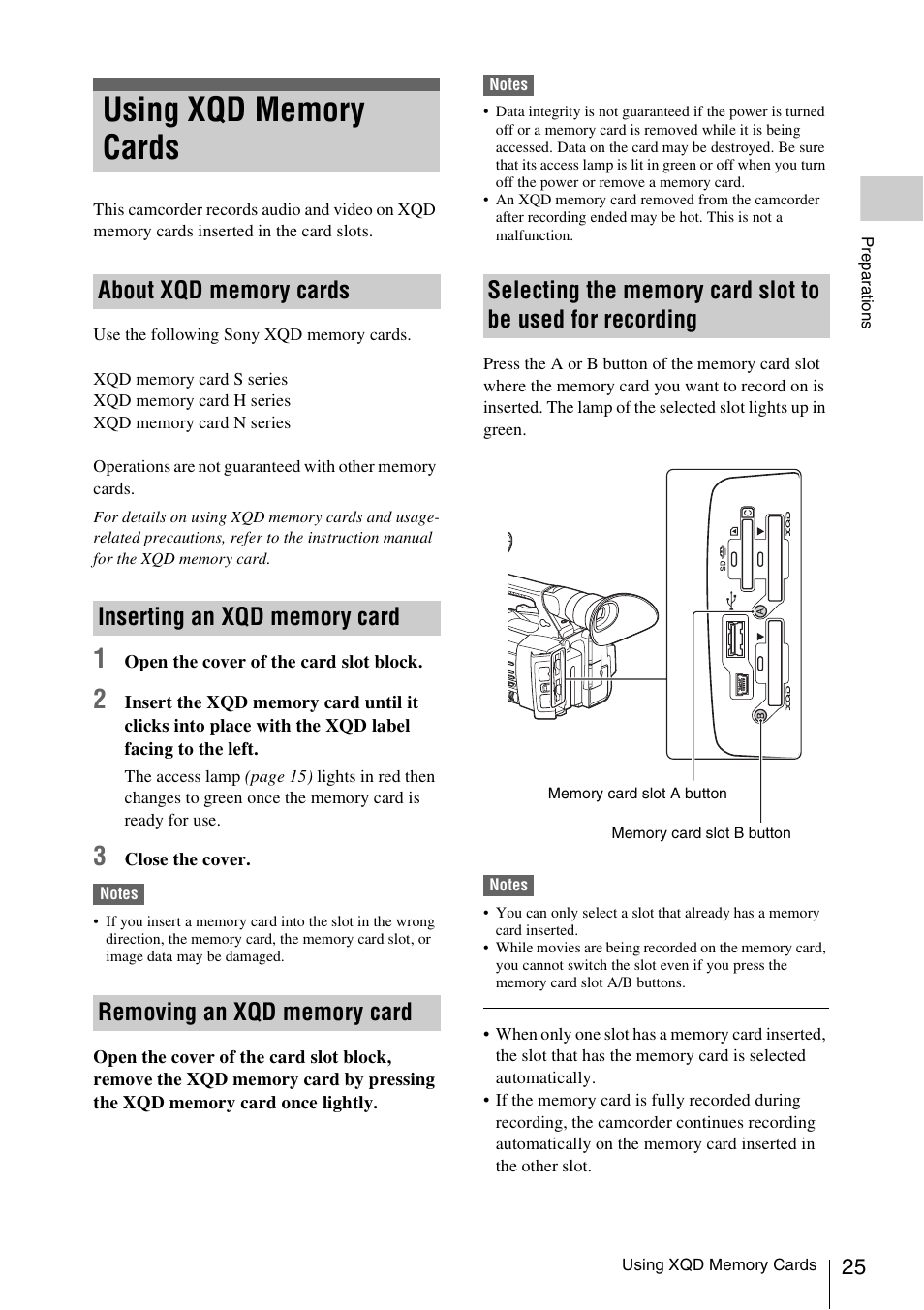 Using xqd memory cards, About xqd memory cards, Inserting an xqd memory card | Removing an xqd memory card, Mp (25) | Sony FDR-AX1 User Manual | Page 25 / 68