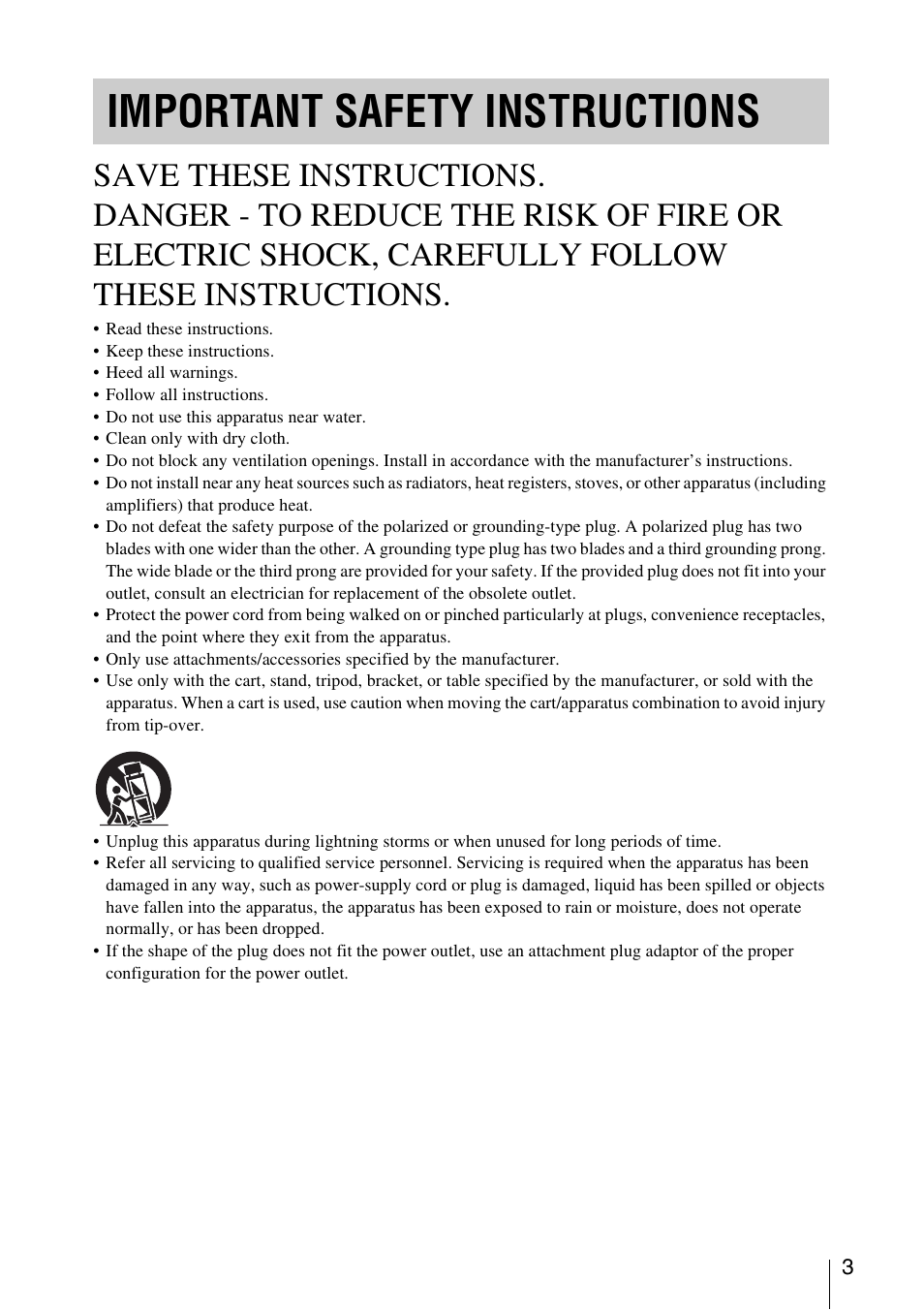 Important safety instructions | Sony FDR-AX1 User Manual | Page 3 / 68