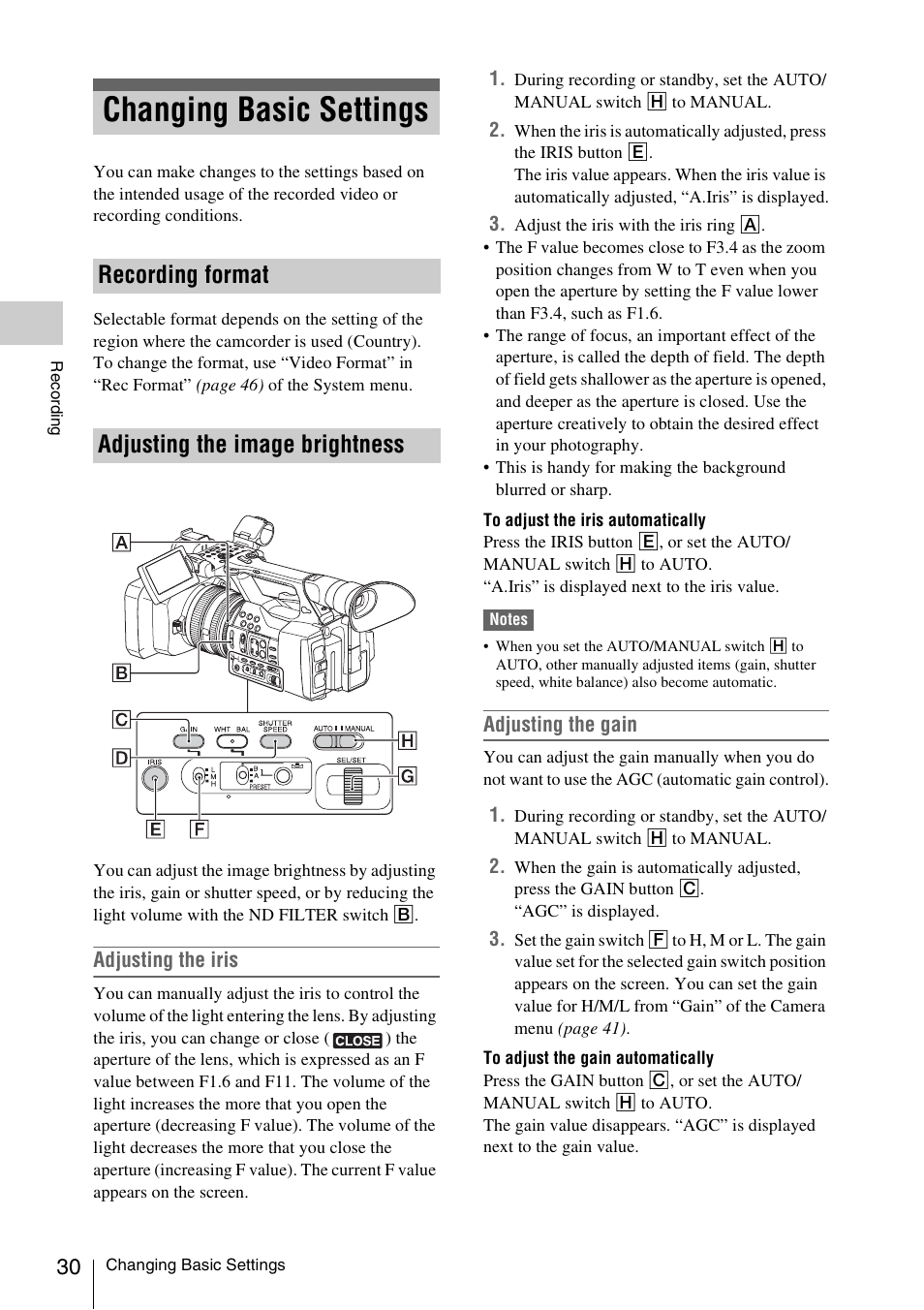 Changing basic settings, Recording format, Adjusting the image brightness | Recording format adjusting the image brightness, Ng (30), N* (30) | Sony FDR-AX1 User Manual | Page 30 / 68