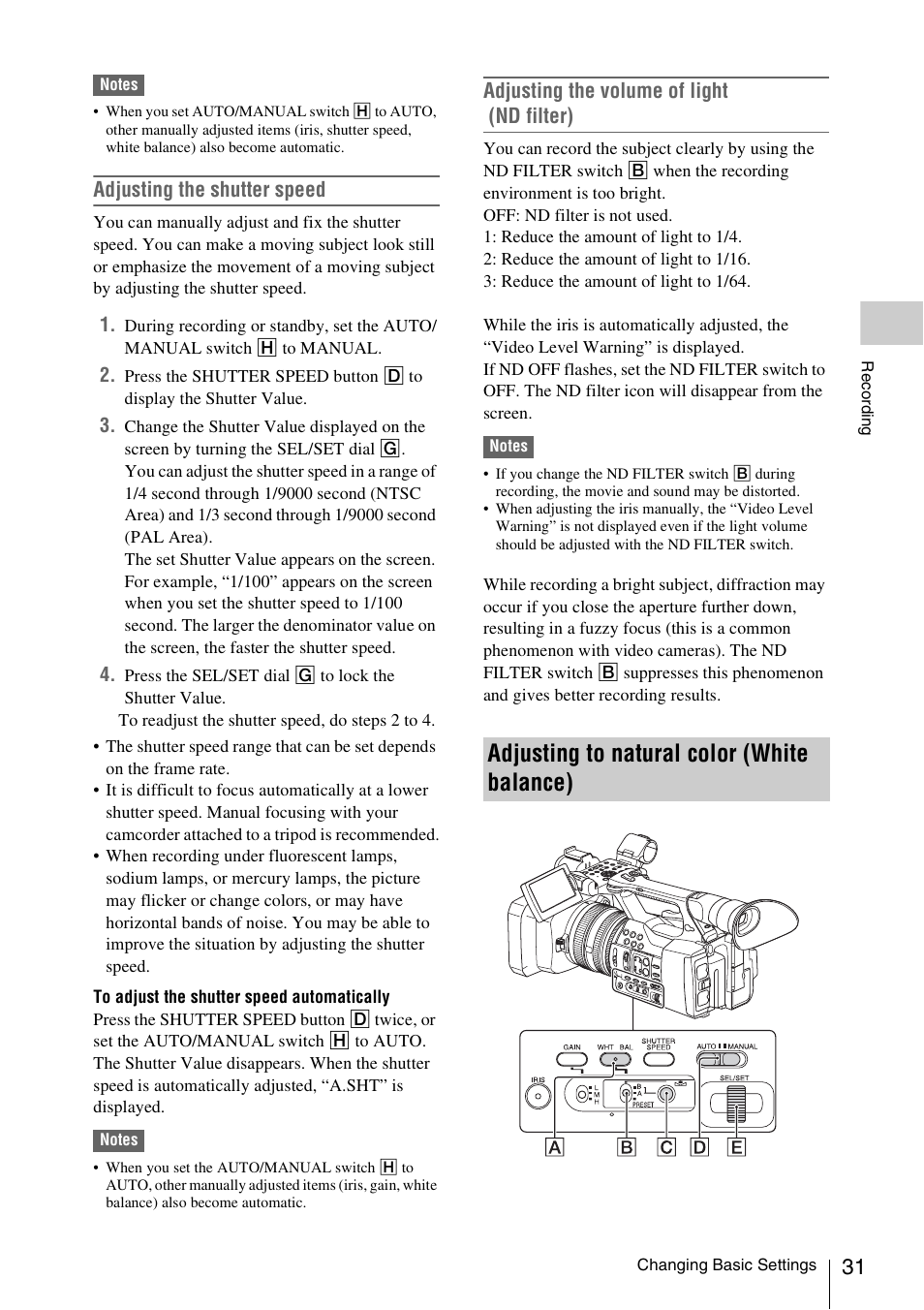 Adjusting to natural color (white balance), Ch (31), N (31) | Adjusting the shutter speed, Adjusting the volume of light (nd filter) | Sony FDR-AX1 User Manual | Page 31 / 68