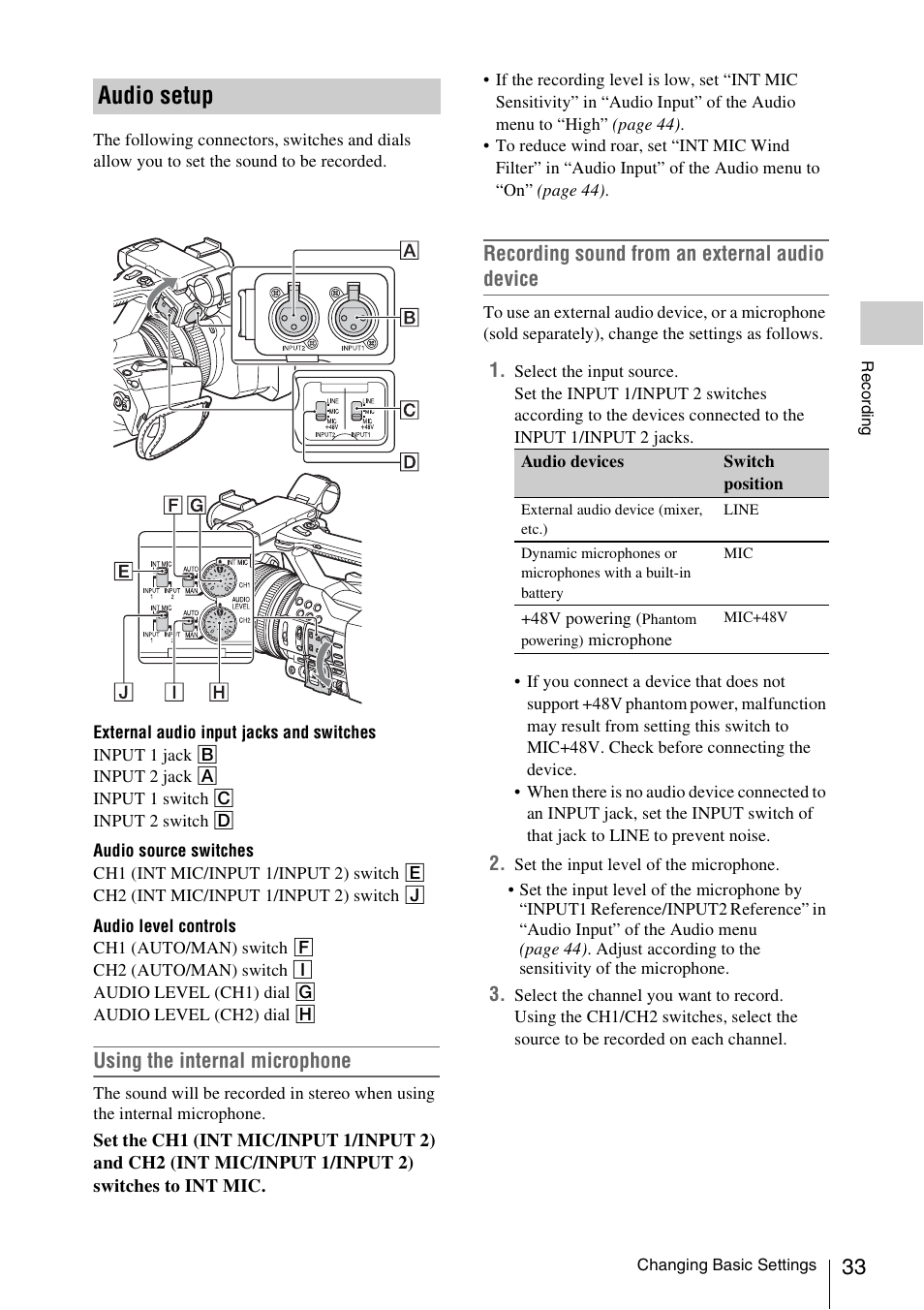 Audio setup, Using the internal microphone, Recording sound from an external audio device | Sony FDR-AX1 User Manual | Page 33 / 68