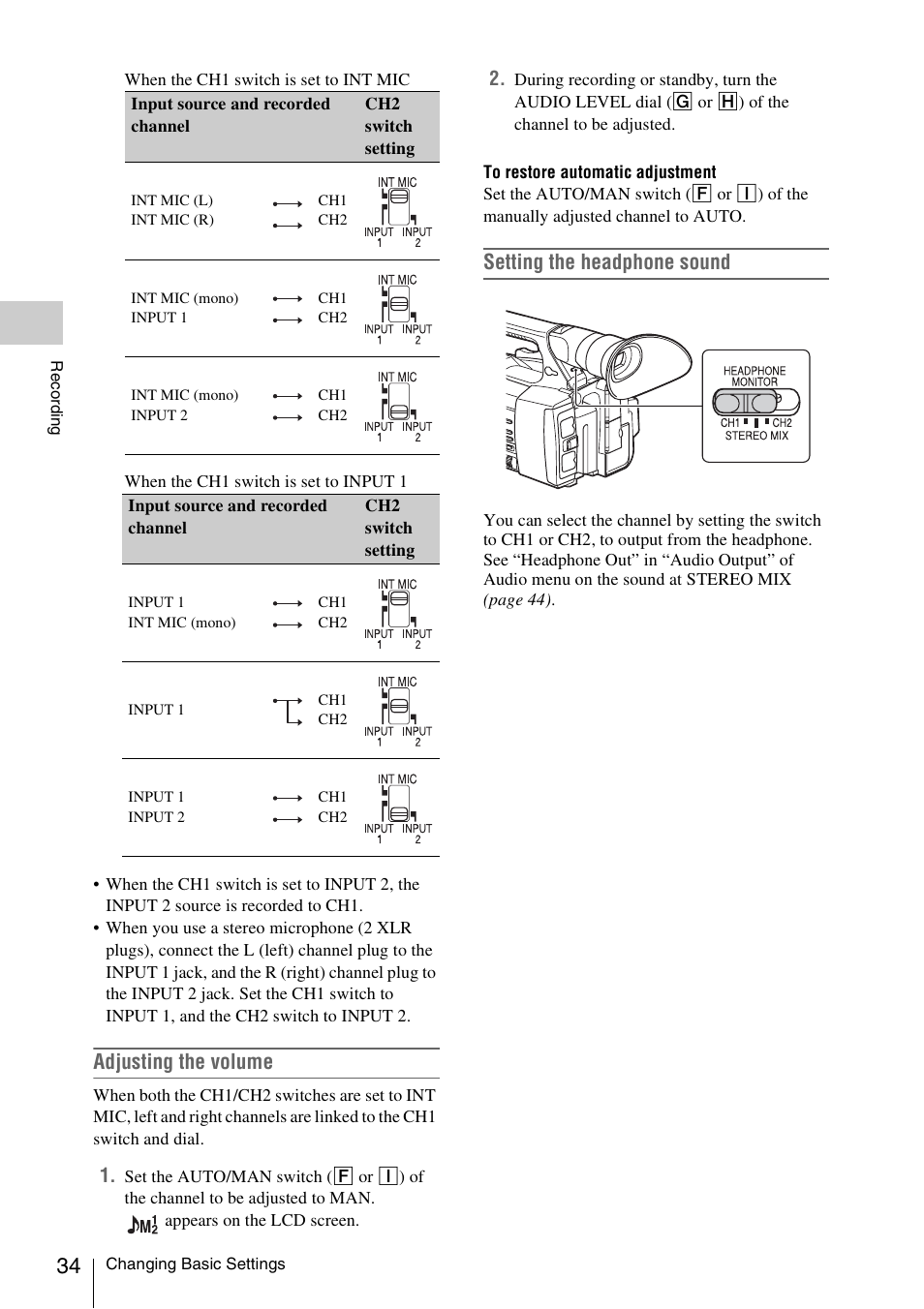 Adjusting the volume, Setting the headphone sound | Sony FDR-AX1 User Manual | Page 34 / 68