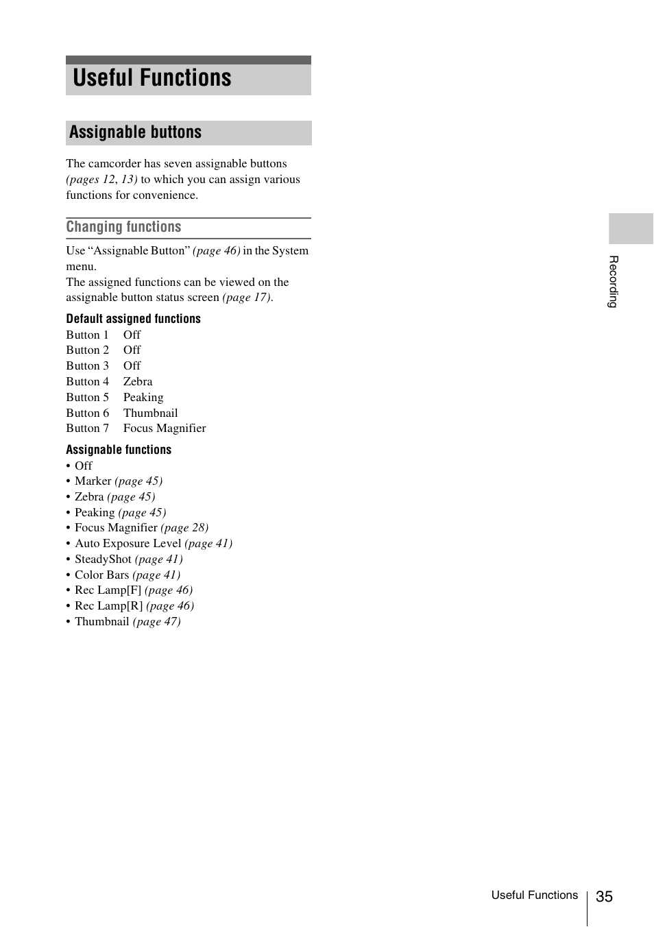 Useful functions, Assignable buttons | Sony FDR-AX1 User Manual | Page 35 / 68