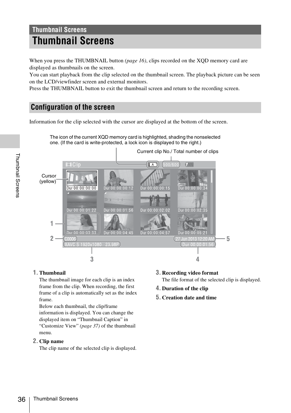 Thumbnail screens, Configuration of the screen | Sony FDR-AX1 User Manual | Page 36 / 68