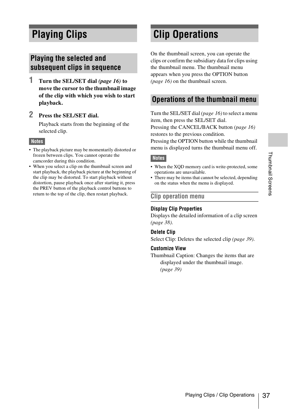 Playing clips, Clip operations, Operations of the thumbnail menu | Sony FDR-AX1 User Manual | Page 37 / 68