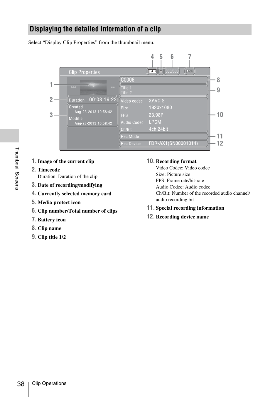 Displaying the detailed information of a clip | Sony FDR-AX1 User Manual | Page 38 / 68