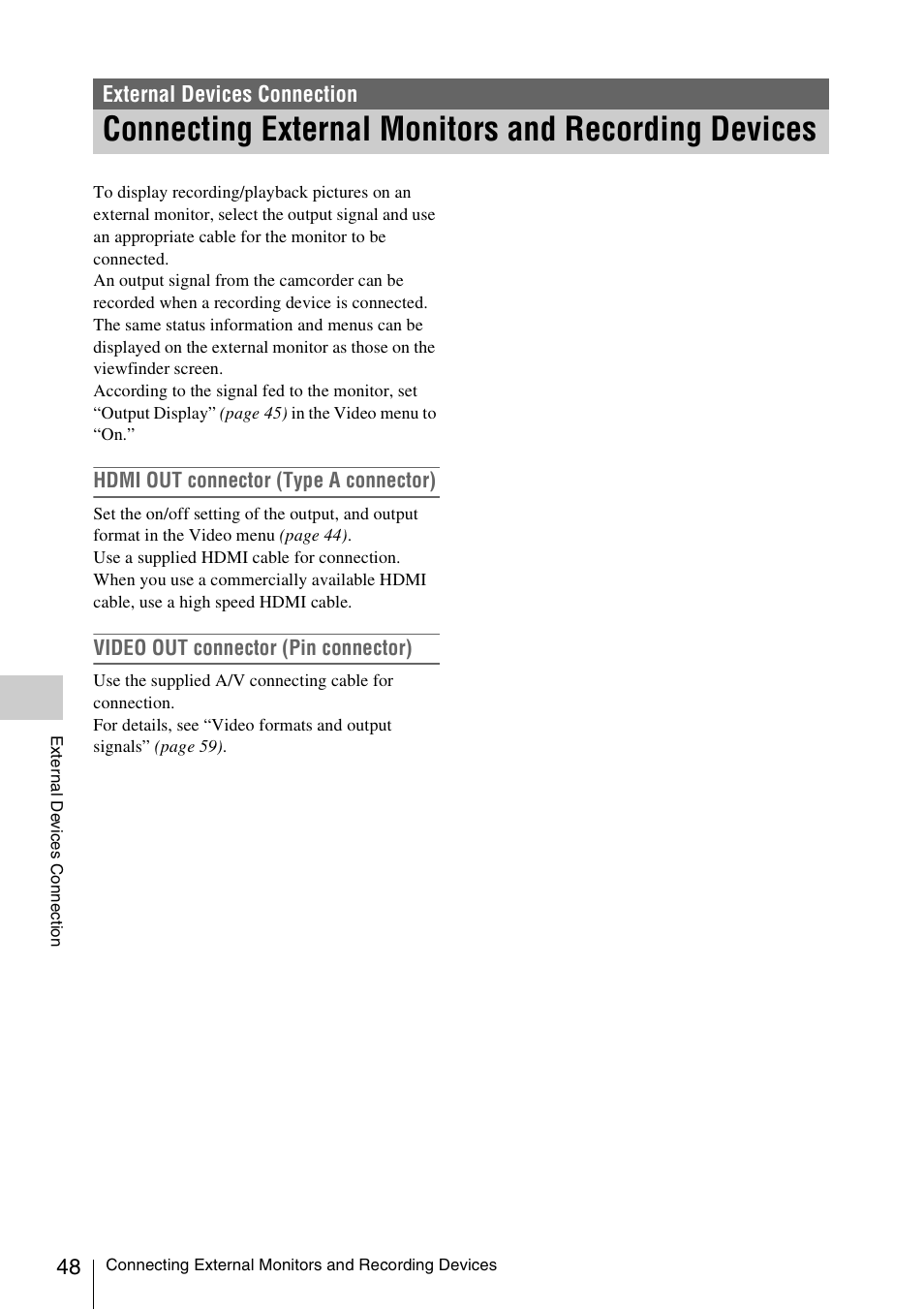 External devices connection, Connecting external monitors and recording devices, Or (48 | Sony FDR-AX1 User Manual | Page 48 / 68