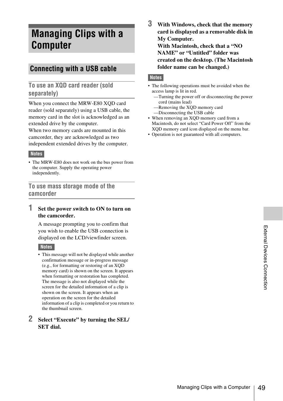 Managing clips with a computer, Connecting with a usb cable | Sony FDR-AX1 User Manual | Page 49 / 68