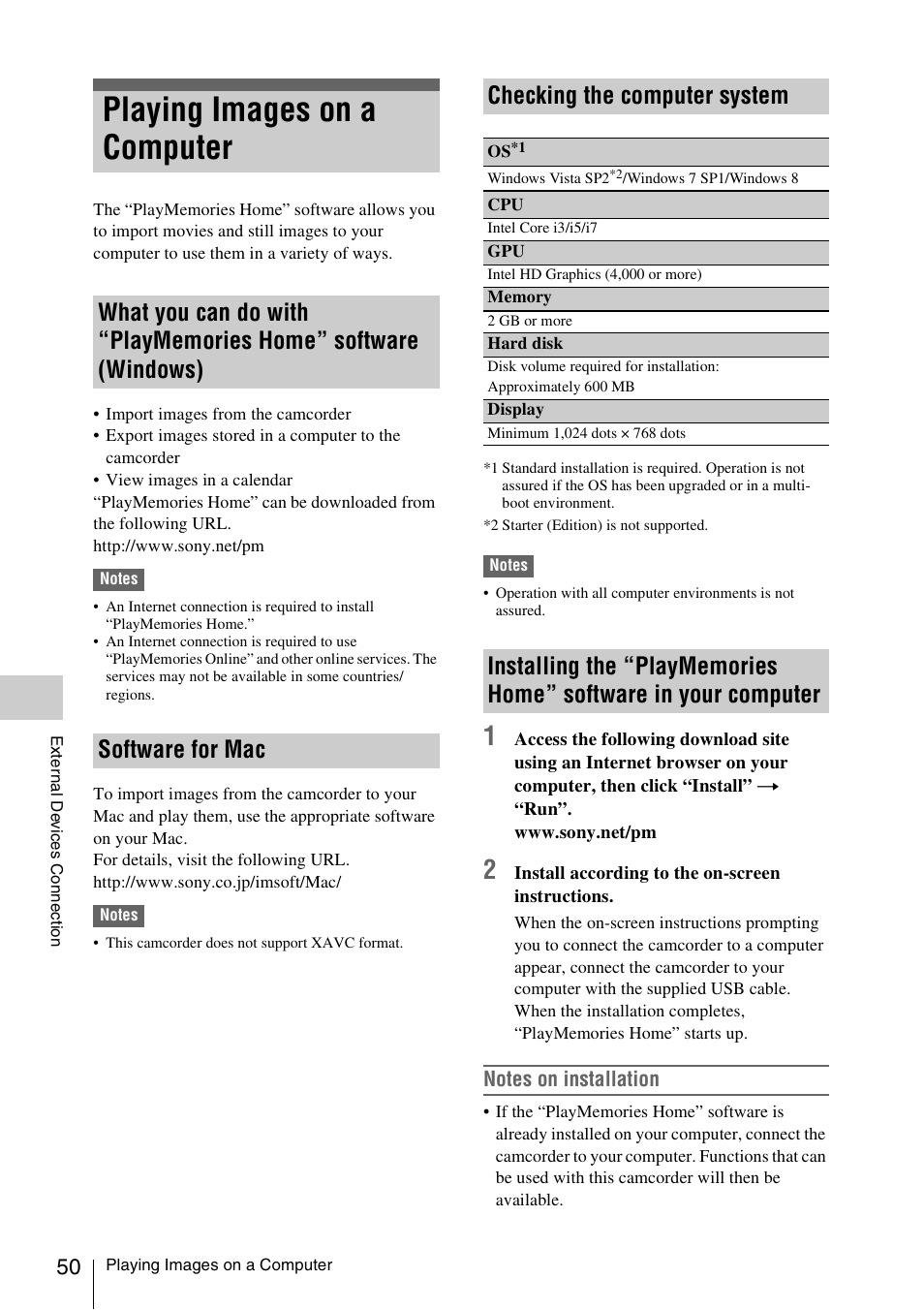 Playing images on a computer, Software for mac, Checking the computer system | What you can do with “playmemories home” software, Windows), Computer | Sony FDR-AX1 User Manual | Page 50 / 68