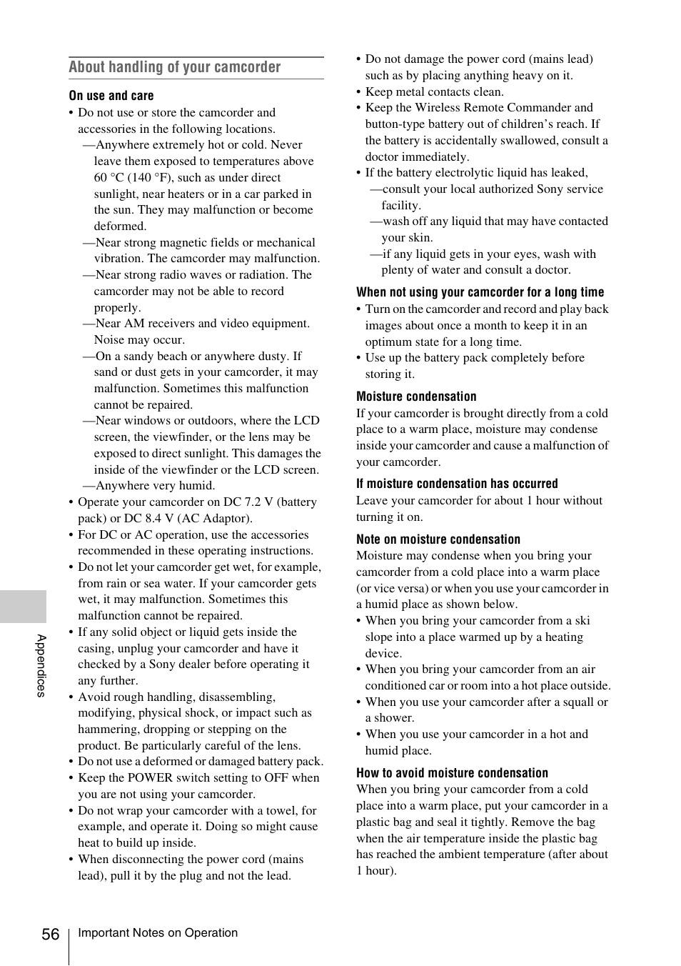 About handling of your camcorder | Sony FDR-AX1 User Manual | Page 56 / 68