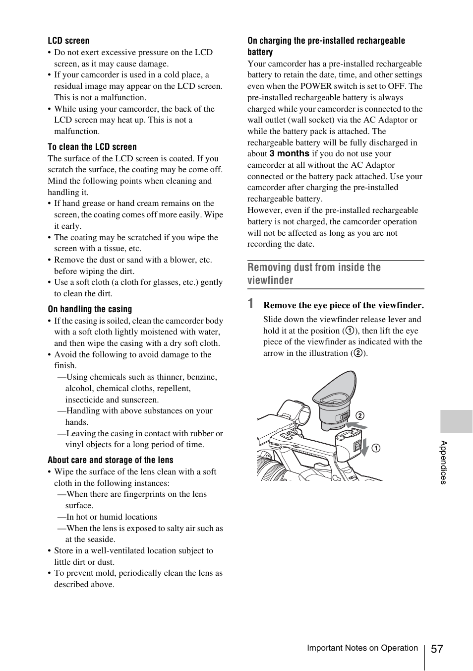 Removing dust from inside the viewfinder | Sony FDR-AX1 User Manual | Page 57 / 68