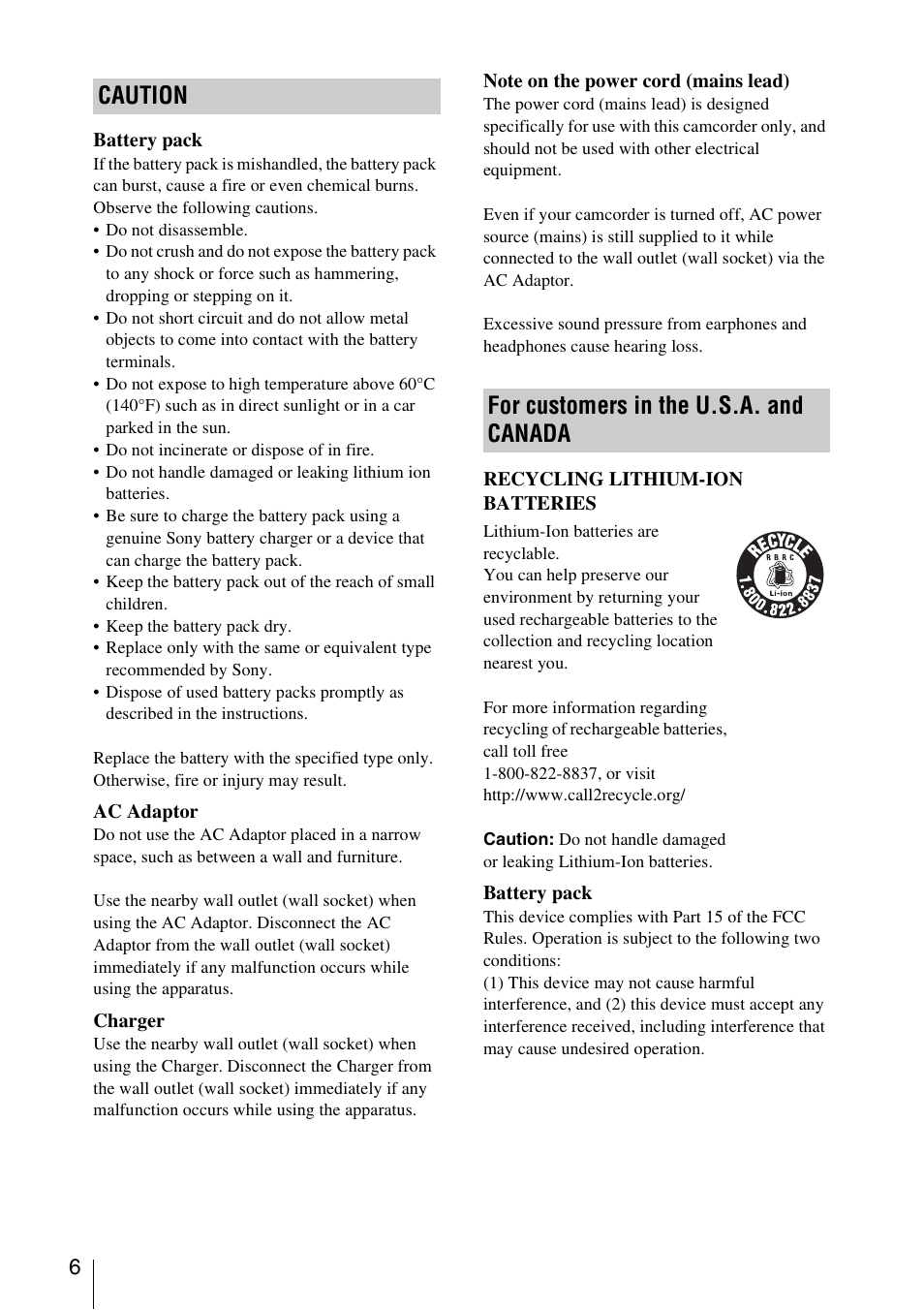 Caution for customers in the u.s.a. and canada | Sony FDR-AX1 User Manual | Page 6 / 68