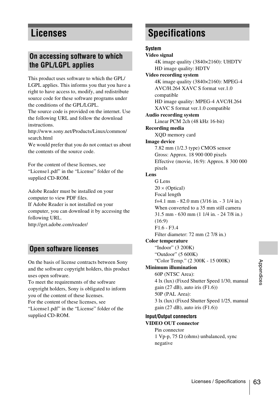 Licenses, Open software licenses, Specifications | Sony FDR-AX1 User Manual | Page 63 / 68