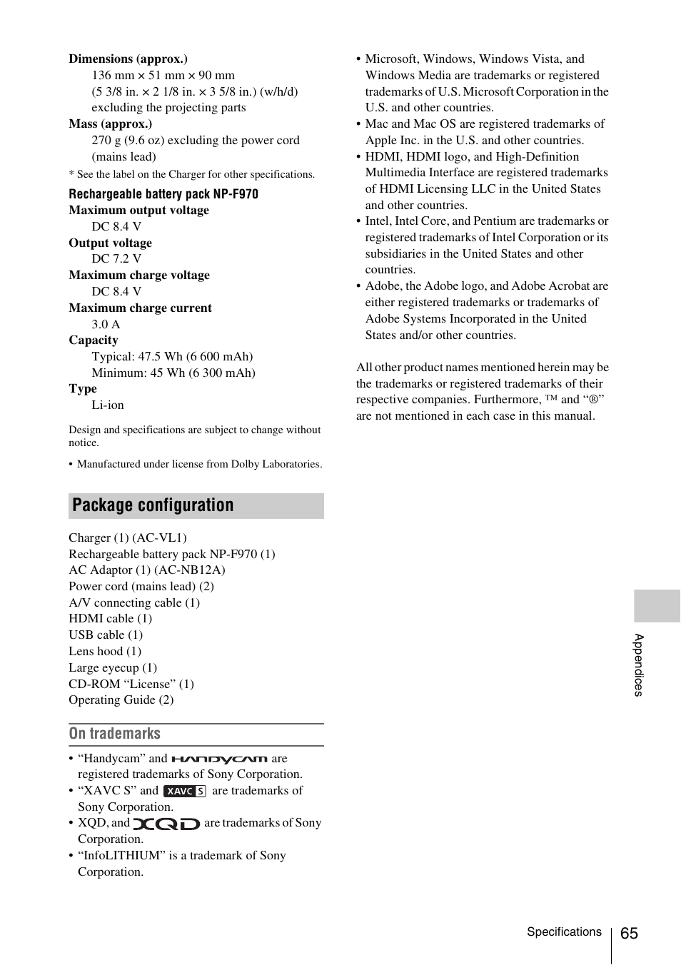 Package configuration, On trademarks | Sony FDR-AX1 User Manual | Page 65 / 68