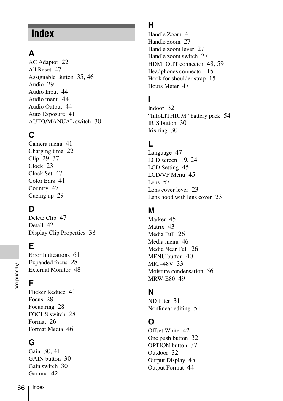 Index | Sony FDR-AX1 User Manual | Page 66 / 68