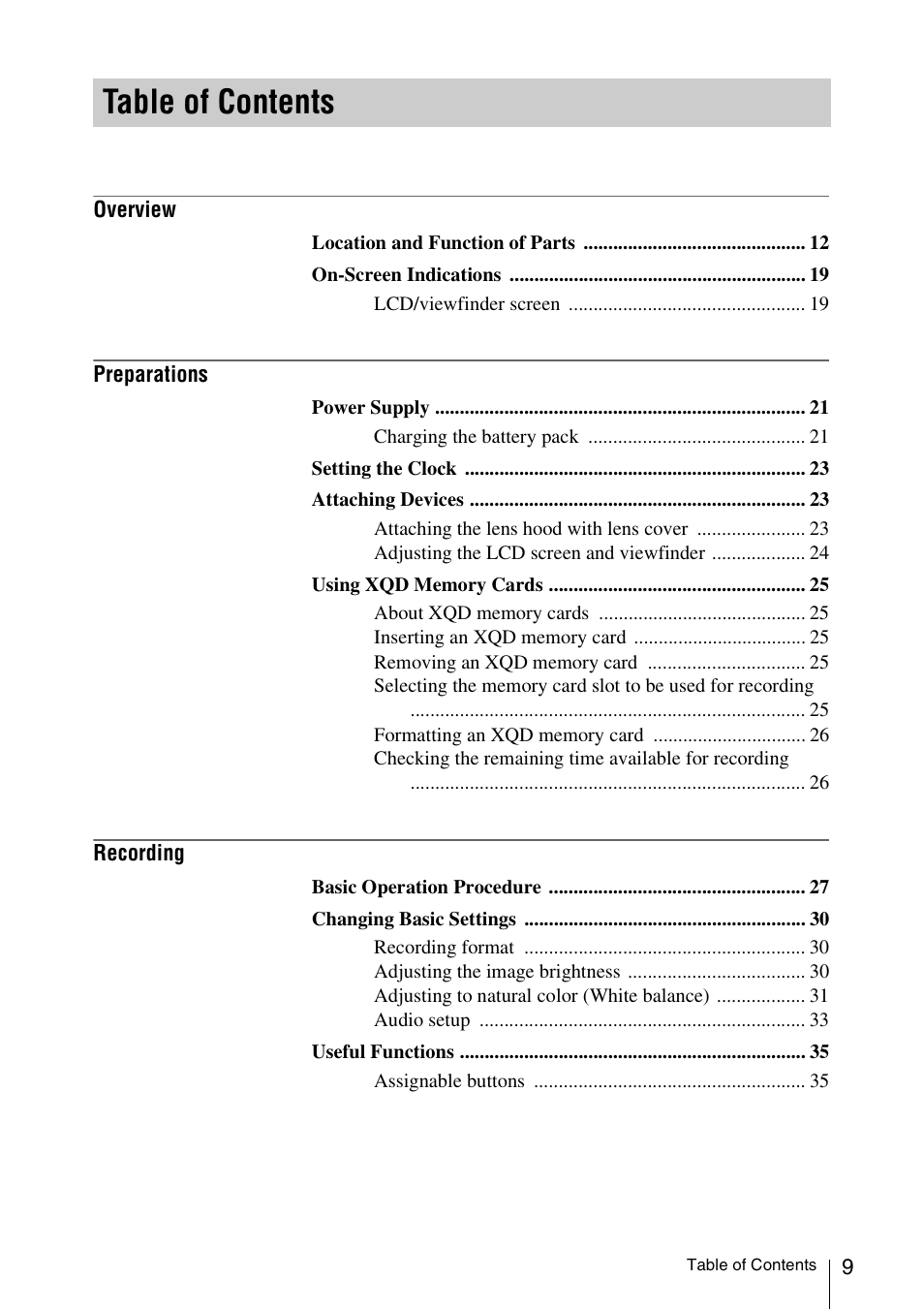 Sony FDR-AX1 User Manual | Page 9 / 68