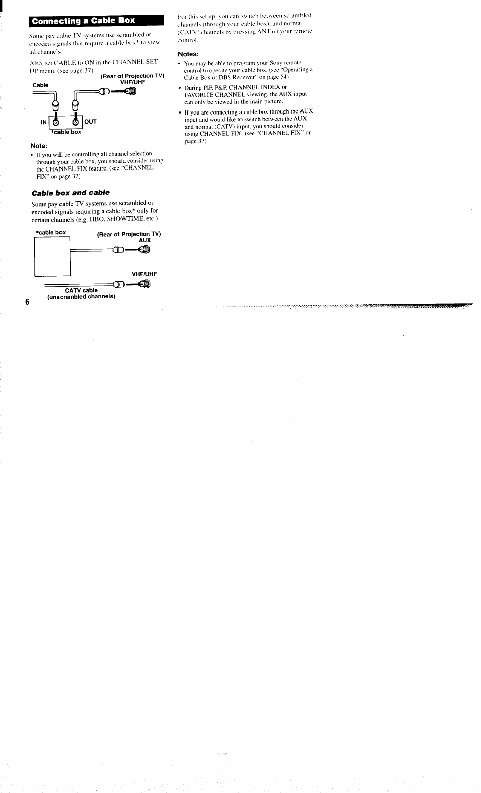 Rear of projection tv) cable vhfajhf, Cable box, Note | Notes, Cable box and cable, Rear of projection tv) aux, Vhfajhf, Catv cable (unscrambled channels), Connecting a cable box | Sony KP-61XBR300 User Manual | Page 10 / 65