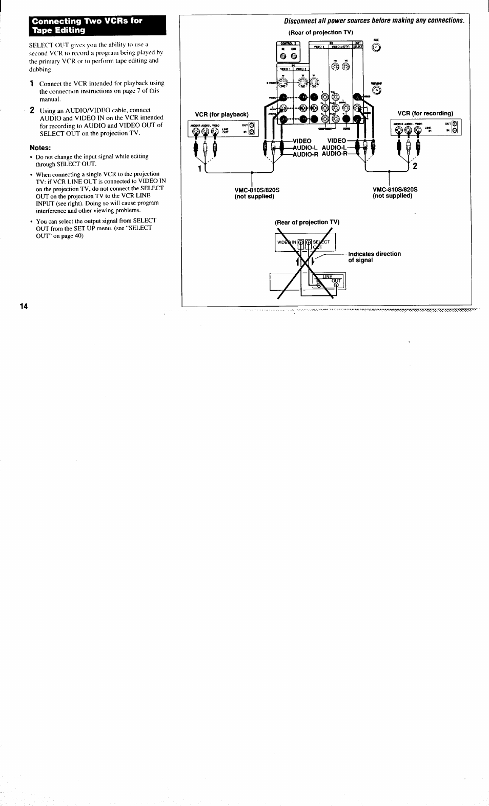 Notes, Connecting two vcrs for l^pe editing | Sony KP-61XBR300 User Manual | Page 18 / 65