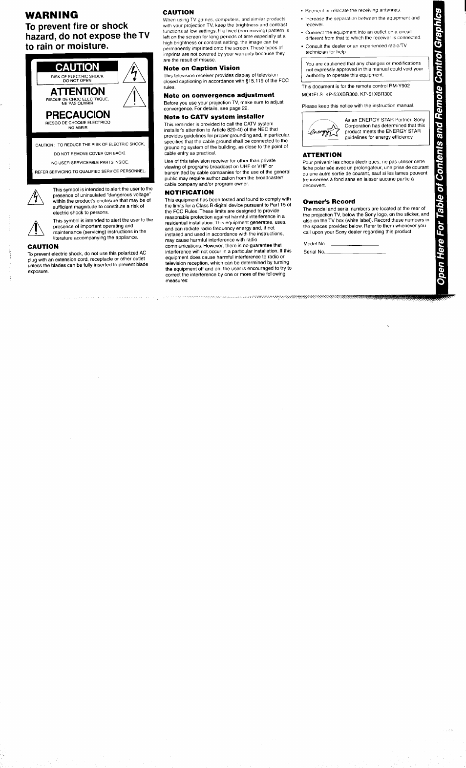 Caution, Attention, Precaucion | Warning | Sony KP-61XBR300 User Manual | Page 2 / 65